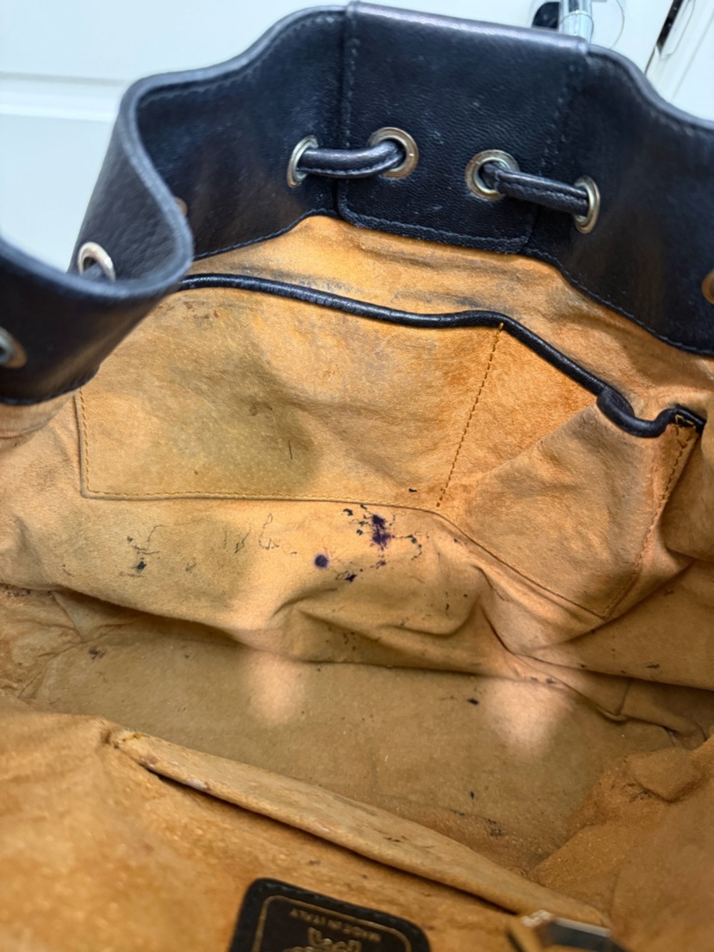 MCM Black Leather Monogram Drawstring Hobo with Gold Hardware - Picture 10 of 15